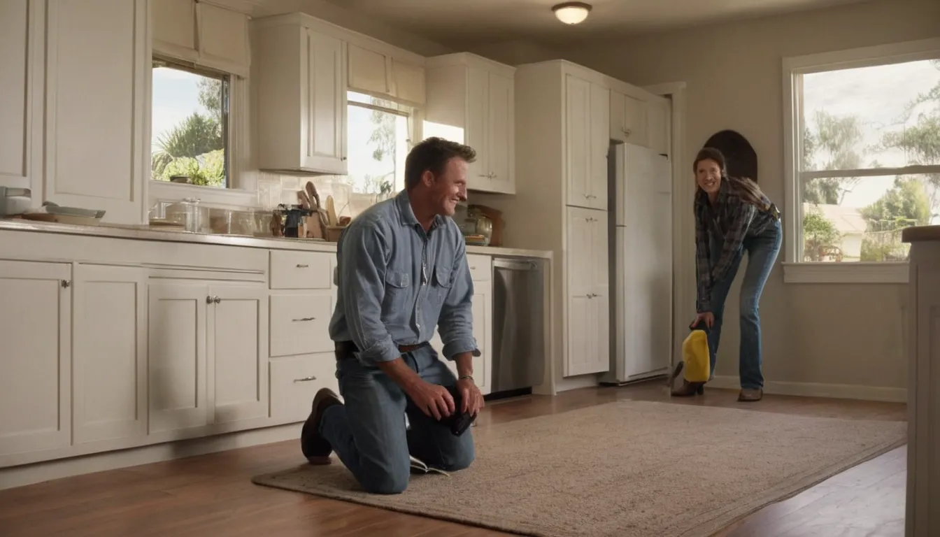 A local pest control provider checking a kitchen baseboard with a homeowner in the Avon area